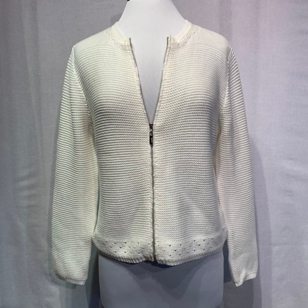 Marble Cream White Ribbed Pointelle knit full zip Cardigan Women's Medium - Picture 3 of 12